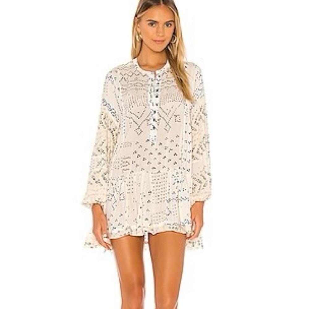 Free People Shibori Puff Long Sleeve Tunic Dress in Ivory